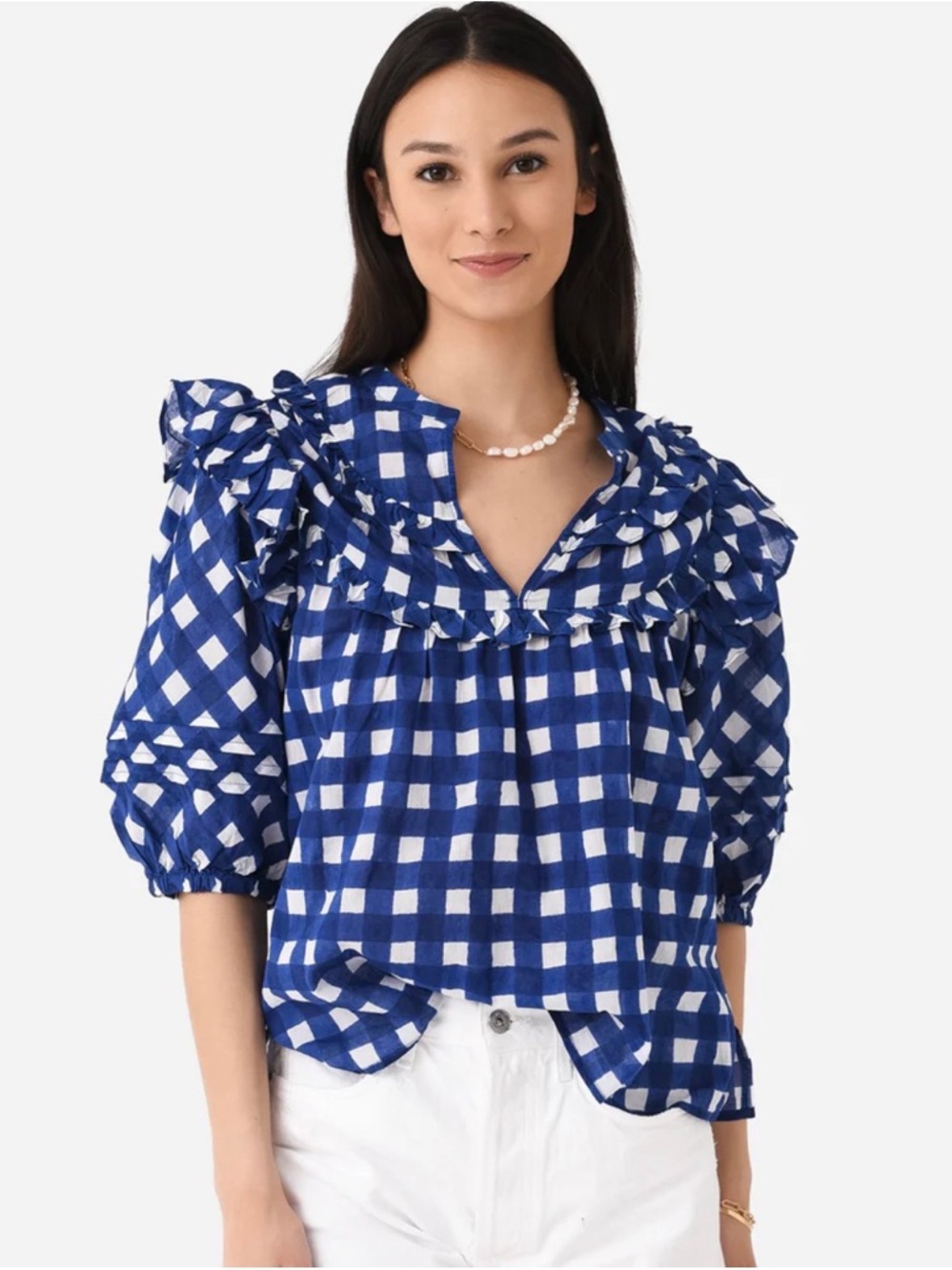 Cleobella Blue Check Gingham Ruffle V-Neck Top - Picture 2 of 9